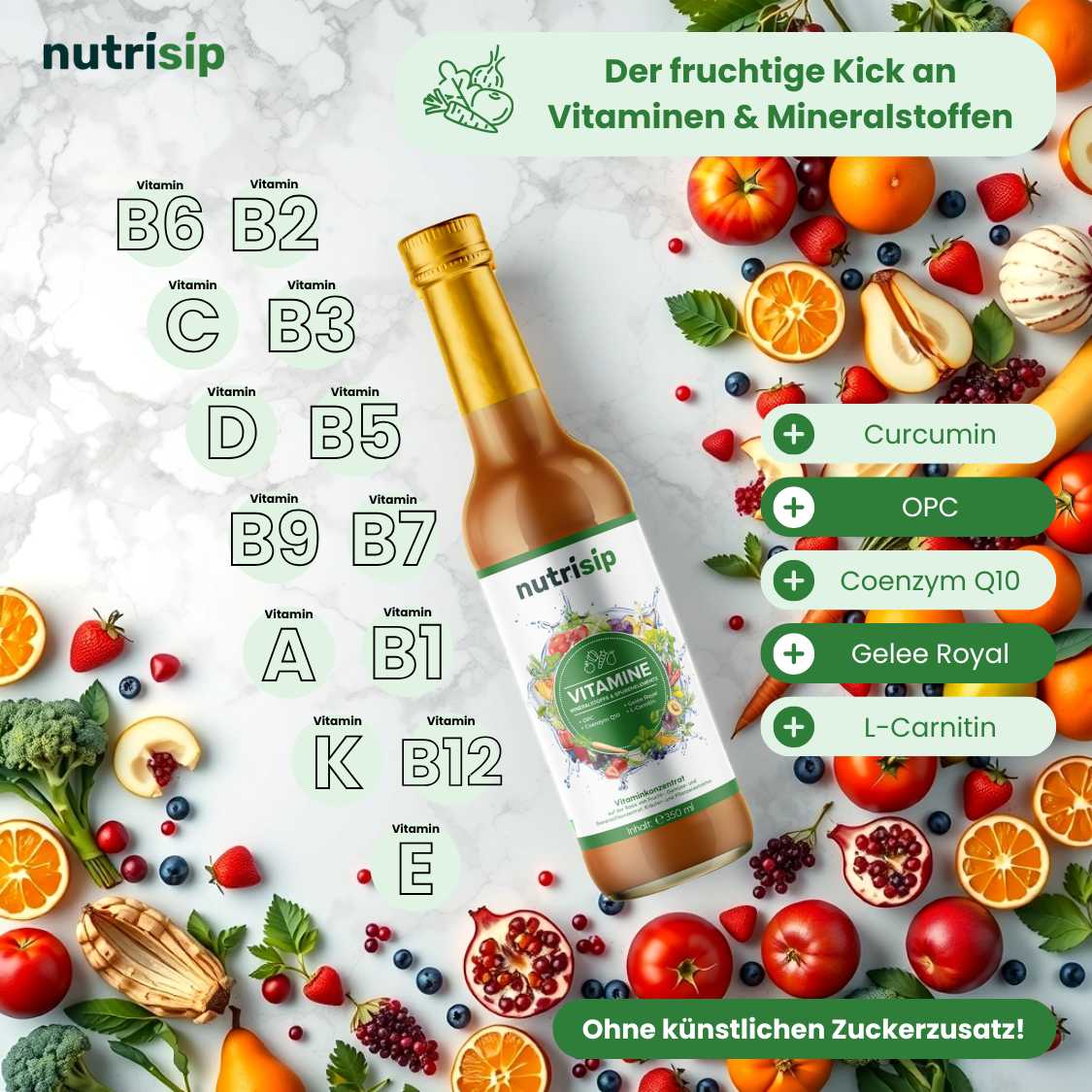 Eine sorgfältig abgestimmte Kombination aus Vitaminen, Mineralstoffen und Spurenelementen – das ist Nutrisip!